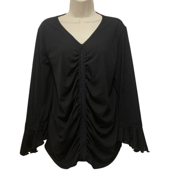 Roaman’s Black Ruched Tunic Top Sheer Back Bell Sleeve Romantic Goth Boho L Plus - Picture 1 of 6